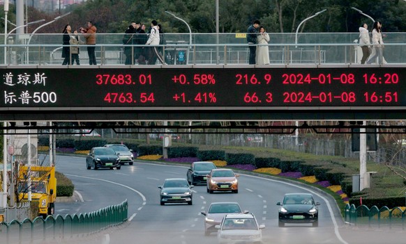 epa11084096 People walk across the bridge showing the latest economy and stock exchange data in the Liuiazui financial hub, in Shanghai, China, 16 January 2024 (Issued on 17 January 2024). According t ...