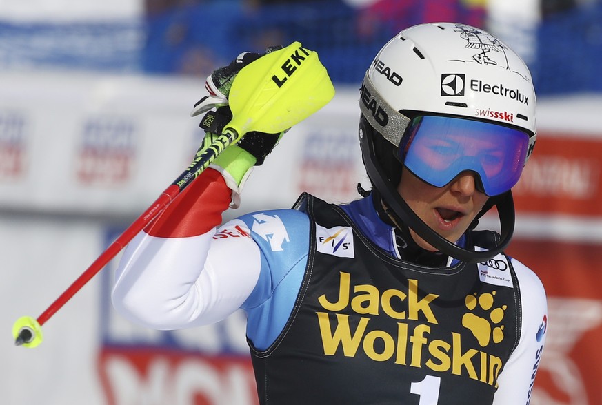 Switzerland&#039;s Wendy Holdener reacts in the finish area after completing a women&#039;s slalom at the alpine ski World Cup finals in Are, Sweden, Saturday, March 17, 2018. (AP Photo/Marco Trovati)