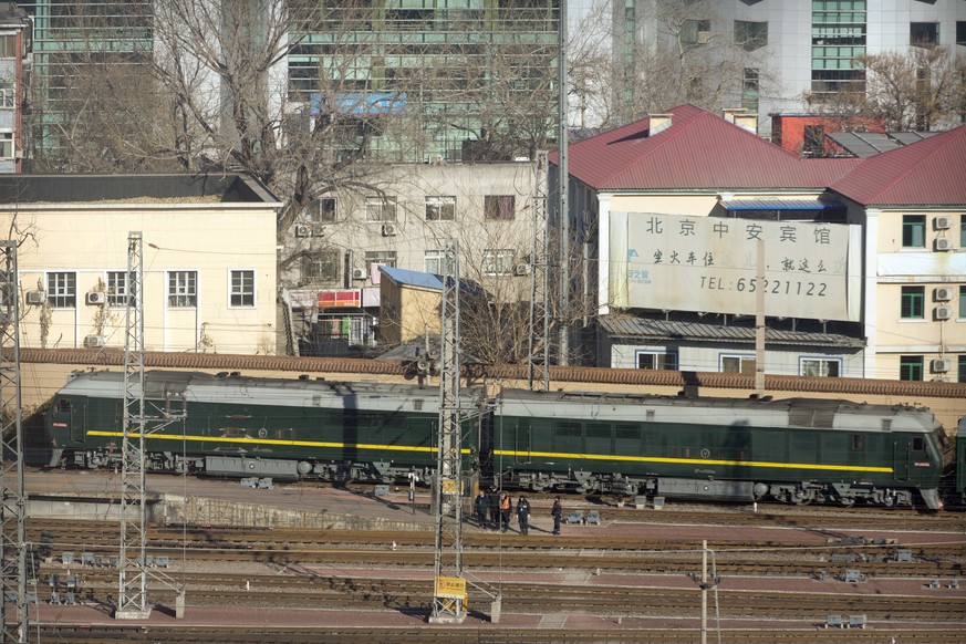 A train similar to one seen during previous visits by North Korean leader Kim Jong Un arrives at Beijing Railway Station in Beijing, Tuesday, Jan. 8, 2019. Kim is making a four-day trip to China, the  ...