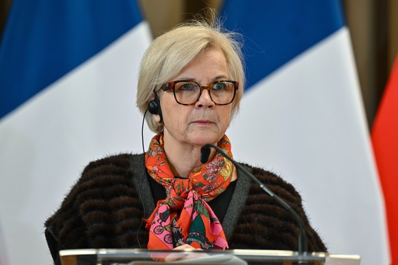 epa12761366 French Minister of the Armed Forces and Veterans Catherine Vautrin attends a press conference following the E5 defense ministers' meeting in Krakow, Poland, 20 February 2026. Poland i ...