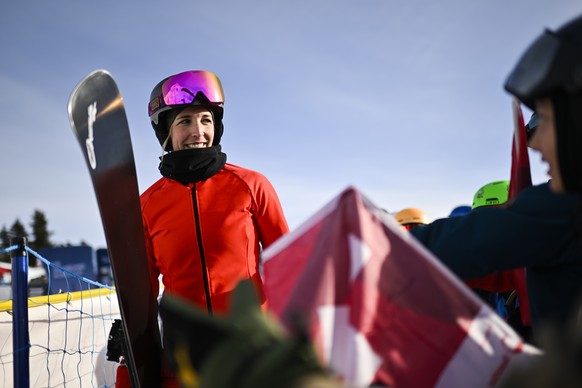 Ladina Jenny of Switzerland reacts at the FIS Alpine Snowboard Parallel Giant Slalom race, on Saturday, January 14, 2023, in Scuol, Switzerland. (KEYSTONE/Gian Ehrenzeller)