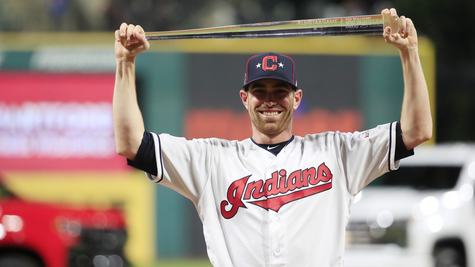 epa08882973 (FILE) - American League pitcher Shane Bieber of the Cleveland Indians celebrates after being named Most Valuable Player of the Major League Baseball (MLB) All-Star Game at Progressive Fie ...