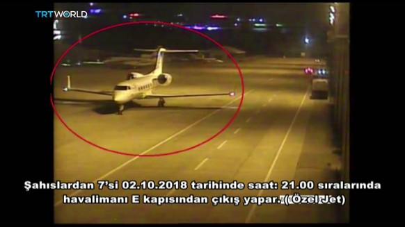 epa07083706 A frame grab from a police CCTV video made available through Turkish Newspaper Sabah shows a private jet alleged to have ferried in a group of Saudi men suspected of being involved in Saud ...