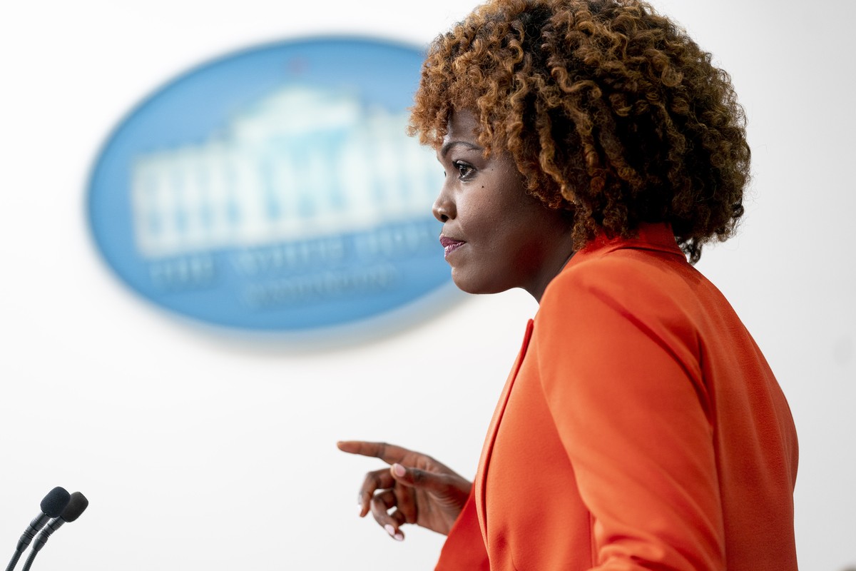 White House press secretary Karine Jean-Pierre pauses while speaking at a press briefing at the White House in Washington, Thursday, Feb. 23, 2023. (AP Photo/Andrew Harnik)
Karine Jean-Pierre