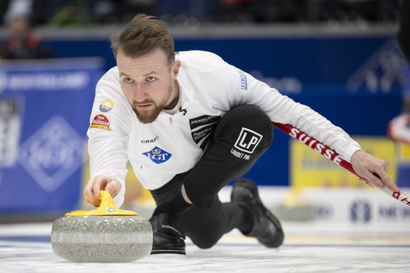 Switzerland&#039;s skip Yannick Schwaller during their play against Scotland at the World Men&#039;s Curling Championship at the IWC Arena in Schaffhausen, Switzerland on Thursday, April 4,, 2024. (KE ...