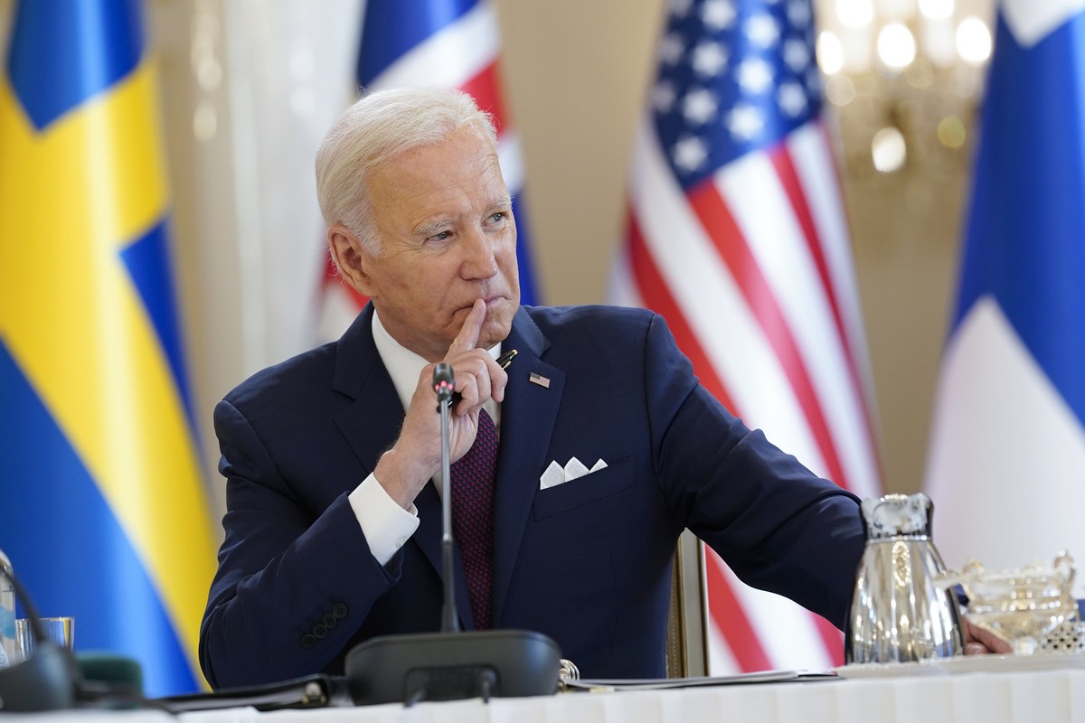 President Joe Biden listens during a meeting with Nordic leaders, Sweden's Prime Minister Ulf Kristersson, Denmark's Prime Minister Mette Frederiksen, Finland's President Sauli Niinisto ...