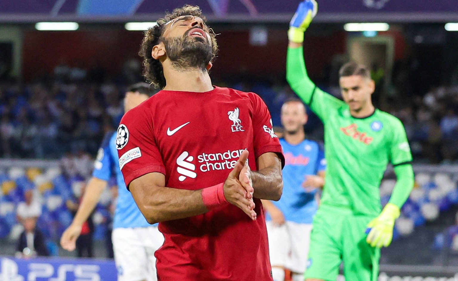 Napoli v Liverpool Champions League 07/09/2022. Mohamed Salah 11 of Liverpool reacts to a miss during the Champions League match between Napoli and Liverpool at Diego Armando Maradona Stadium, Napoli, ...