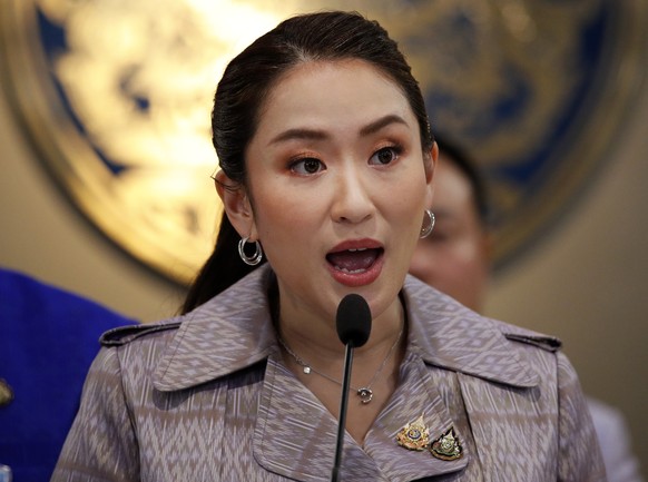 epa11609115 Thai Prime Minister Paetongtarn Shinawatra speaks to the media during a press conference after the first official weekly cabinet meeting at Government House in Bangkok, Thailand, 17 Septem ...