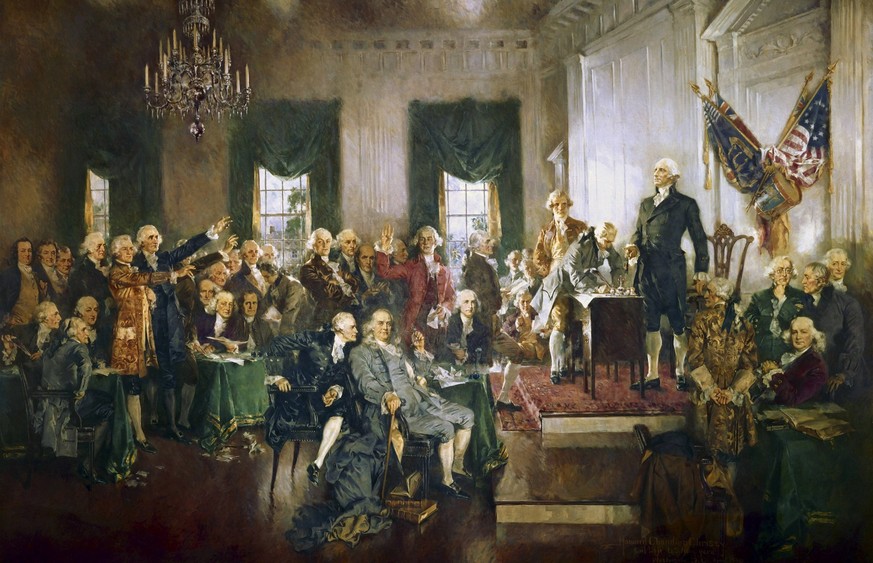 USWahl2024, die gro�en Pr�sidenten, George Washington George Washington presiding over the Philadelphia Convention, with Alexander Hamilton and Benjamin Franklin being present among others. The artwor ...