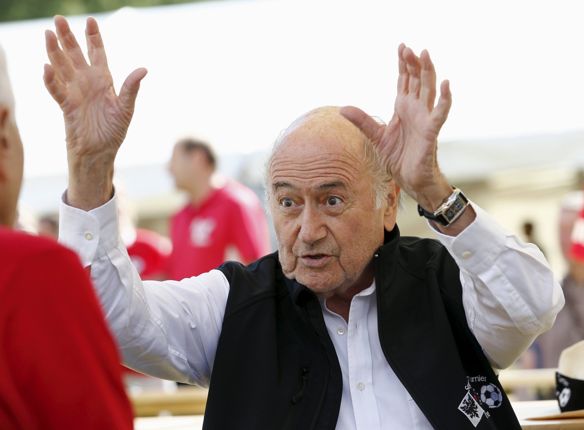FIFA President Sepp Blatter gestures before the first game of the so-called "Sepp Blatter tournament" in Blatter's home-town Ulrichen, Switzerland, August 22, 2015. REUTERS/Denis Balibo ...