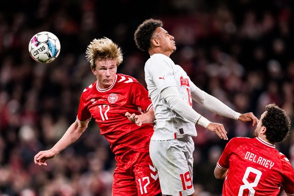 240323 Victor Kristiansen of Denmark and Dan Ndoye of Switzerland during the International Friendly, L�nderspiel, Nationalmannschaft football match between Denmark and Switzerland on March 23, 2024 in ...