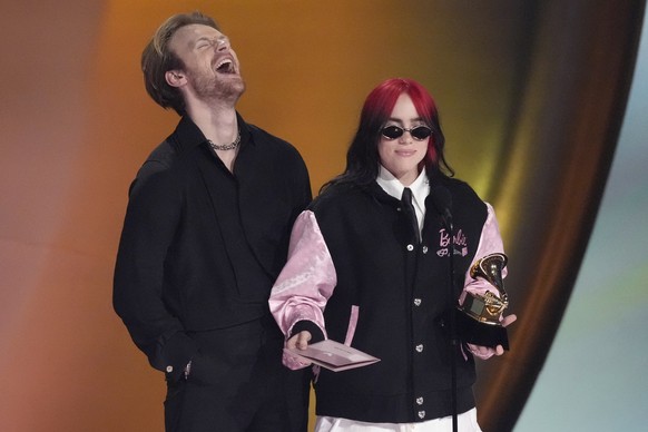 Finneas, left, and Billie Eilish accept the award for song of the year for "What Was I Made For?" during the 66th annual Grammy Awards on Sunday, Feb. 4, 2024, in Los Angeles. (AP Photo/Chri ...