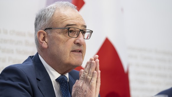 Bundesrat Guy Parmelin spricht an einer Medienkonferenz zur Foerderung von Bildung, Forschung und Innovation in den Jahren 2025-2028, am Freitag, 8. Maerz 2024, in Bern. (KEYSTONE/Peter Schneider)