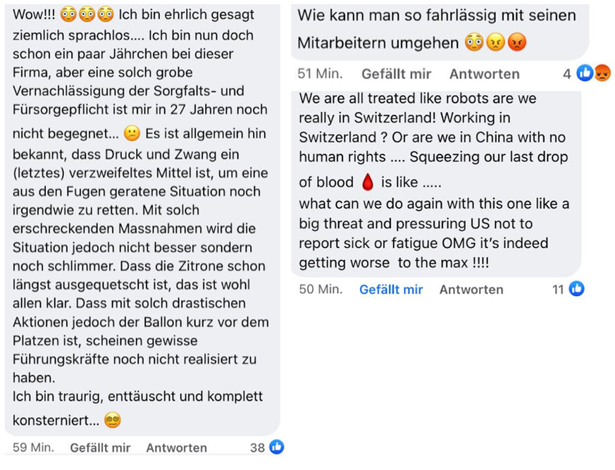 Reaktionen von Swiss-Angestellten im internen Facebook-Kanal.