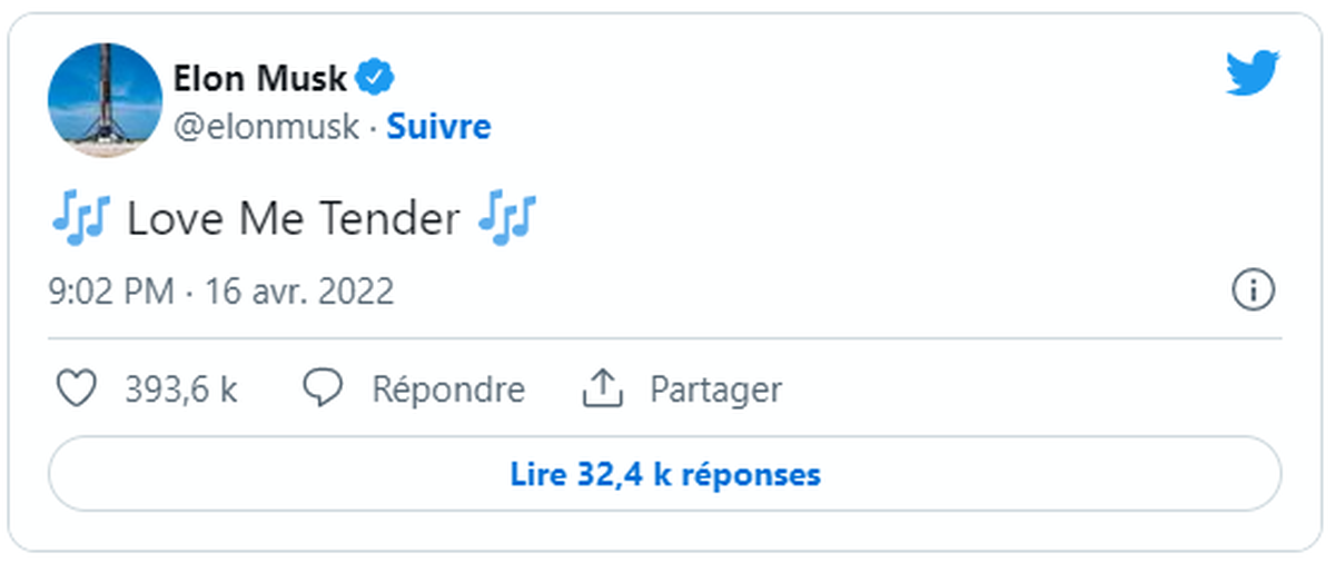 Tweet d'Elon Musk: "Aime moi tendrement."