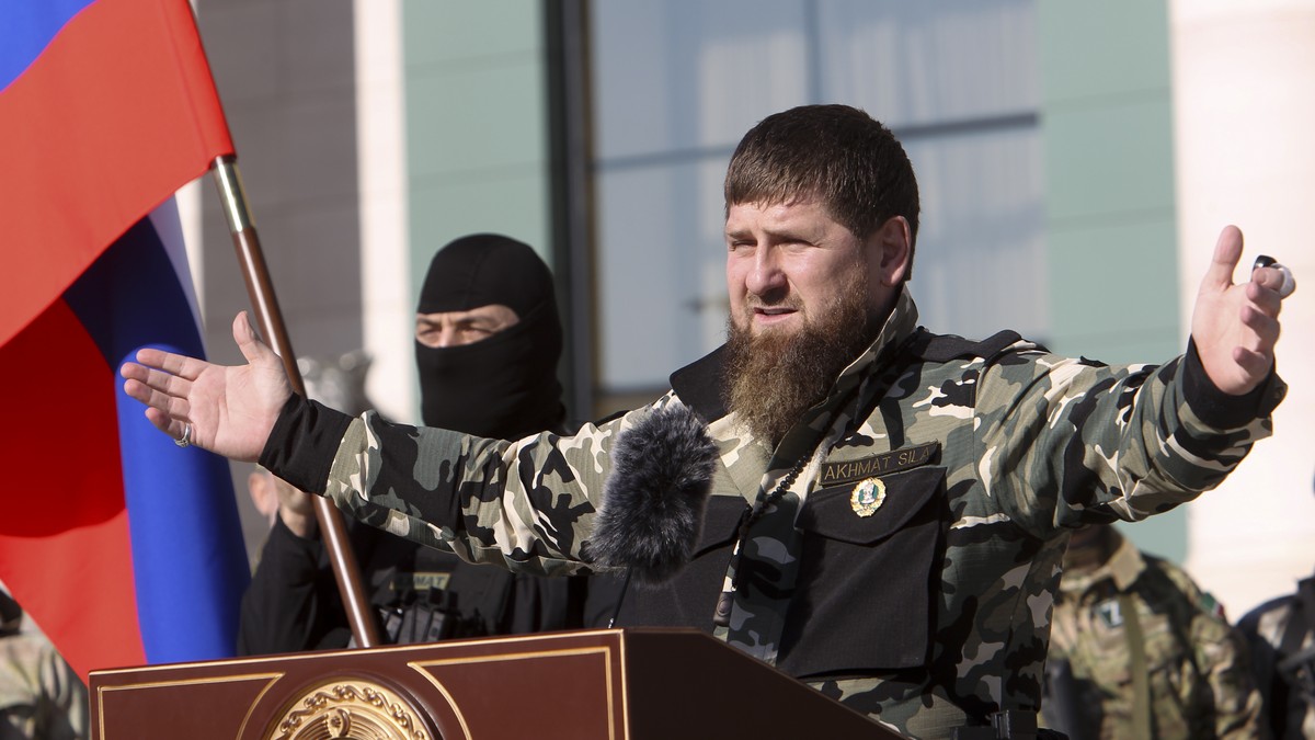 Ramzan Kadyrov, leader of the Russian province of Chechnya gestures speaking to about 10,000 troops in Chechnya's regional capital of Grozny, Russia, Tuesday, March 29, 2022. (AP Photo)