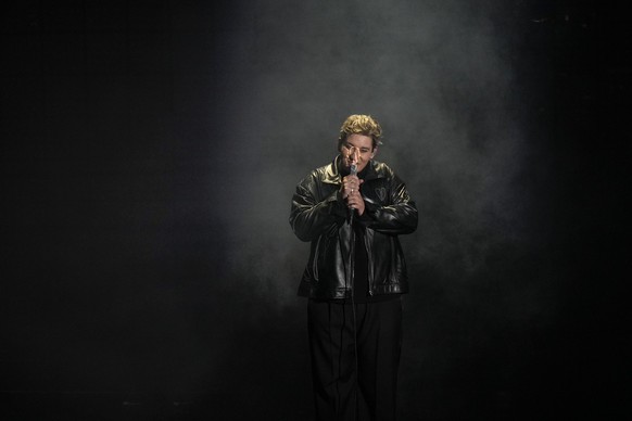 Marius Bear from Switzerland singing Boys Do Cry performs during the first semi final at the Eurovision Song Contest in Turin, Italy, Tuesday, May 10, 2022. (AP Photo/Luca Bruno)
Marius Bear