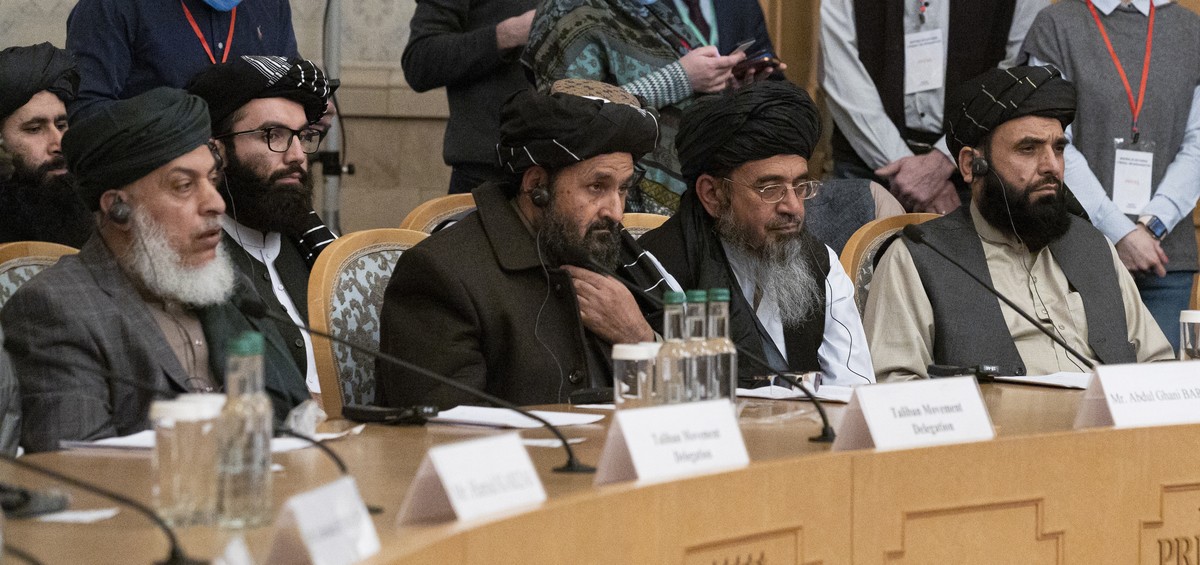 Taliban co-founder Mullah Abdul Ghani Baradar, center, with other members of the Taliban delegation attend an international peace conference in Moscow, Russia, Thursday, March 18, 2021. Russia is host ...