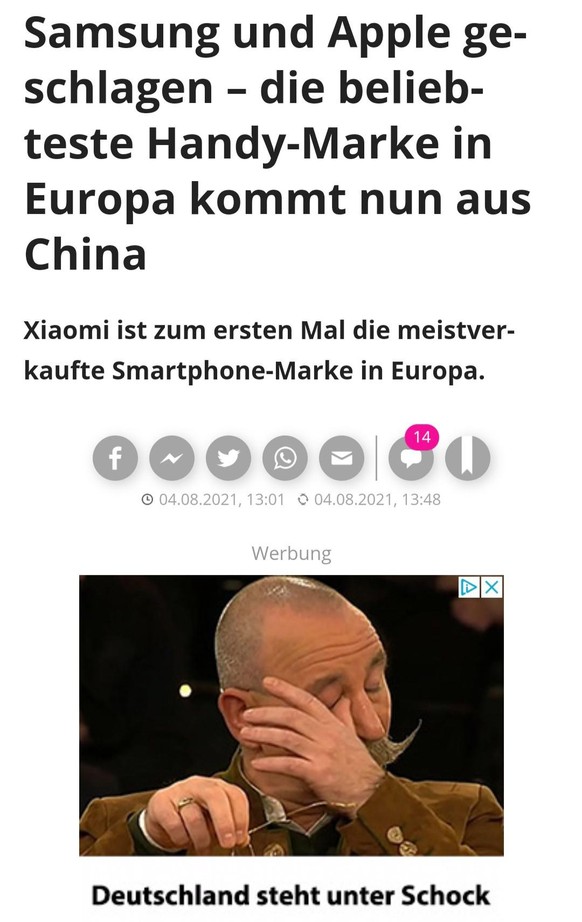 Samsung und Apple geschlagen â die beliebteste Handy-Marke in Europa kommt nun aus China\nhmm das Placement hat was ð