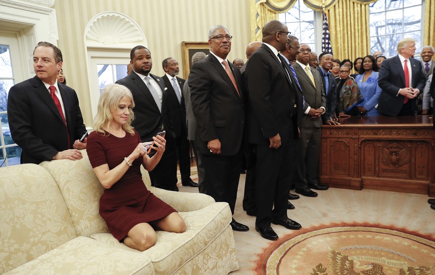 2017 AP YEAR END PHOTOS - President Donald Trump, right, meets with leaders of Historically Black Colleges and Universities (HBCU) in the Oval Office of the White House in Washington on Feb. 27, 2017. ...