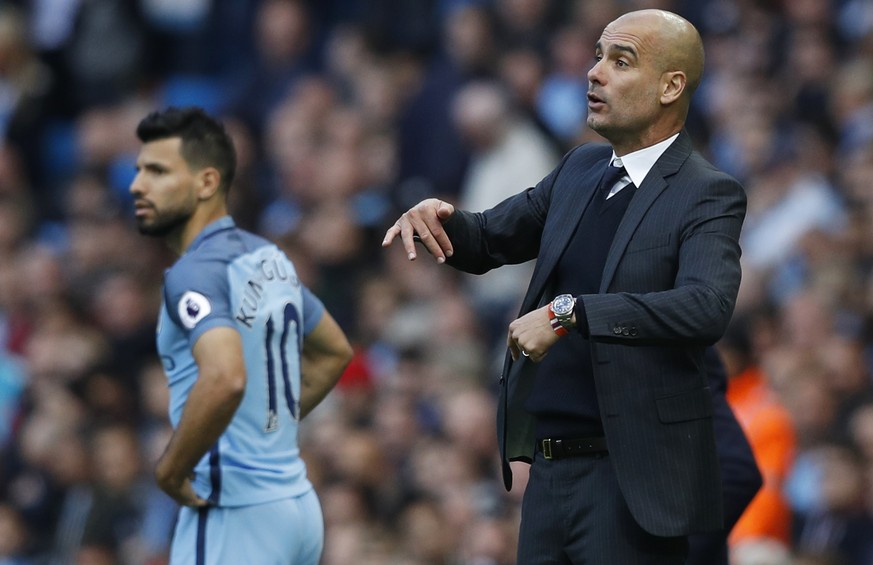 Britain Football Soccer - Manchester City v Everton - Premier League - Etihad Stadium - 15/10/16
Manchester City&#039;s Sergio Aguero waits to come on as a substitute as Manchester City manager Pep G ...