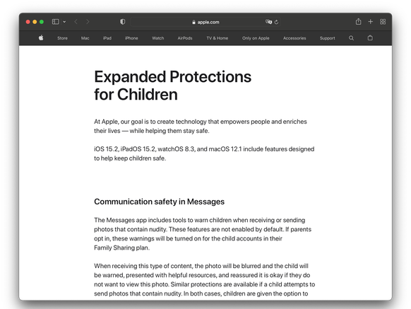 Zurzeit sind auf der «Child Safety»-Webseite nur noch Hinweise auf zwei neue Funktionen zu finden, die in den USA mit iOS 15.2 lanciert wurden (dazu unten mehr.)
