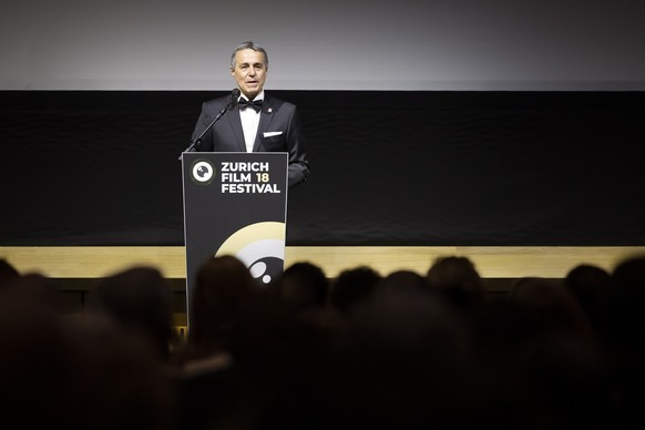 epa10199675 Swiss President and Minister of Foreign Affairs Ignazio Cassis delivers a speech during the opening night of the 18th Zurich Film Festival (ZFF), in Zurich, Switzerland, 22 September 2022. ...