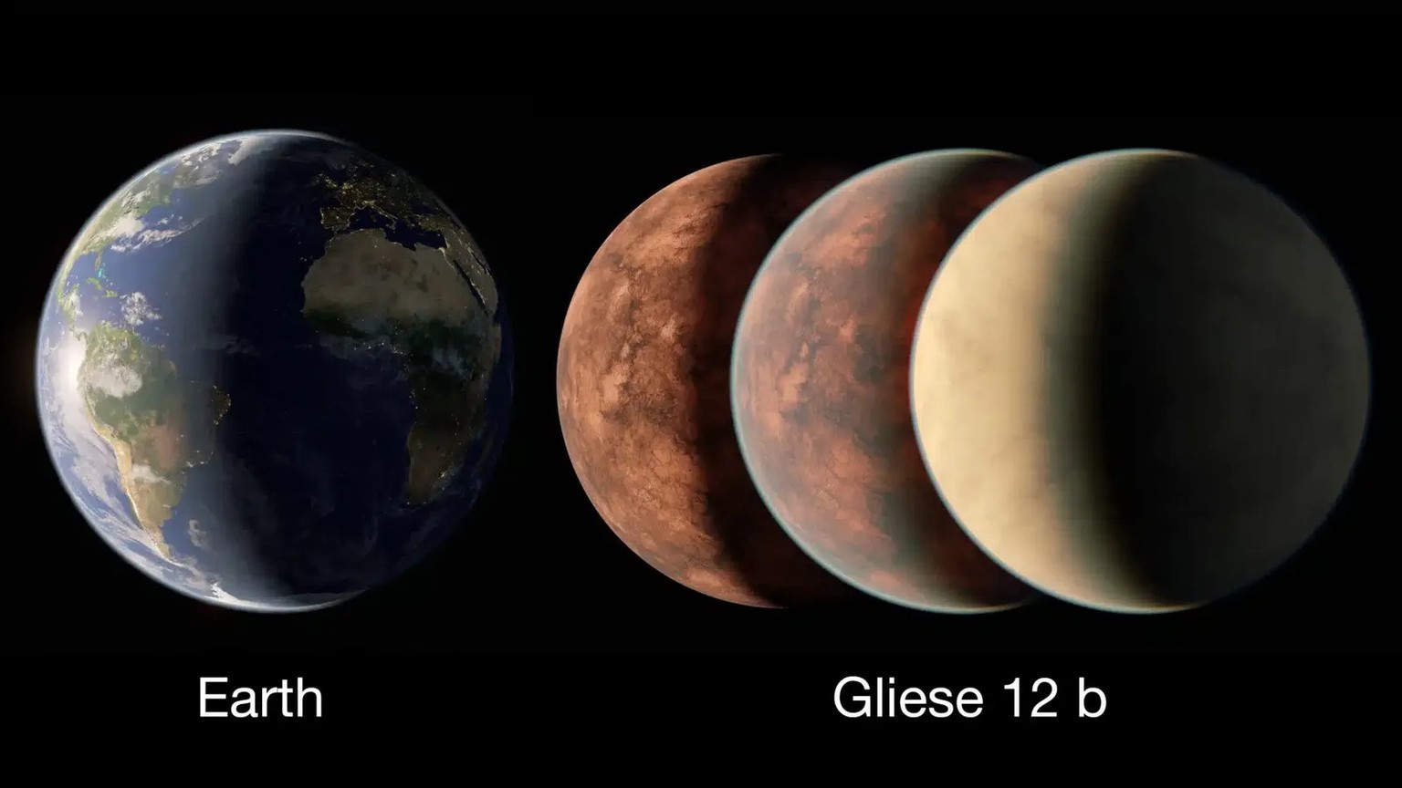 Grössenvergleich zwischen der Erde und dem neu entdeckten Exoplaneten Gliese 12b. Er könnte etwa so gross sein wie die Erde oder etwas kleiner, wie die Venus. (Künstlerische Darstellung)