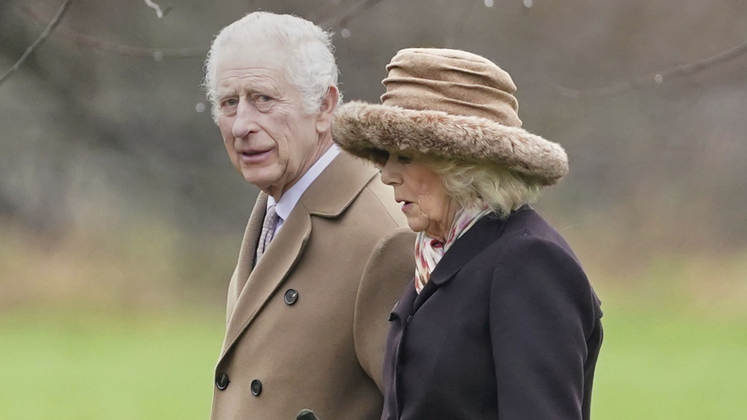 Britain&#039;s King Charles III, left, and Queen Camilla leave after attending a Sunday church service at St Mary Magdalene Church in Sandringham, Norfolk, England, Sunday Feb. 18, 2024. (Joe Giddens/ ...