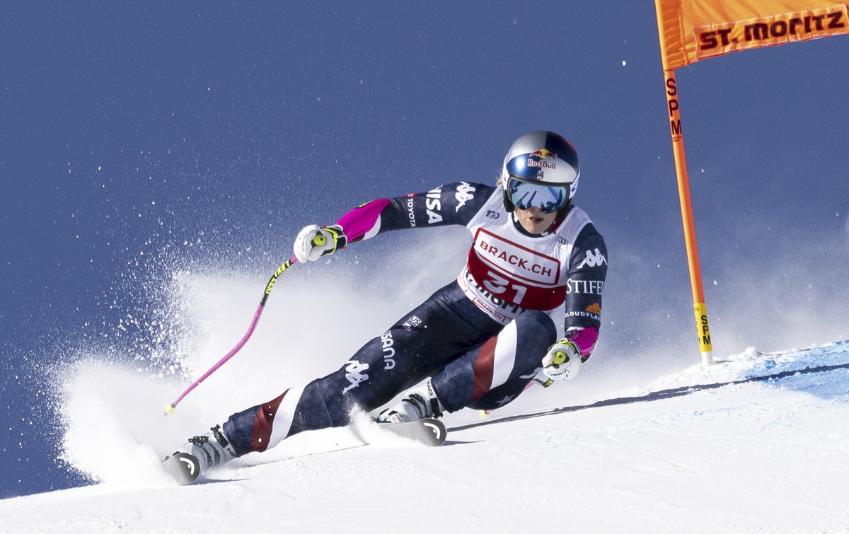United States' Lindsey Vonn competes in an alpine ski, women's World Cup super G, in St. Moritz, Switzerland, Saturday, Dec. 21, 2024. (Jean-Christophe Bott/Keystone via AP)