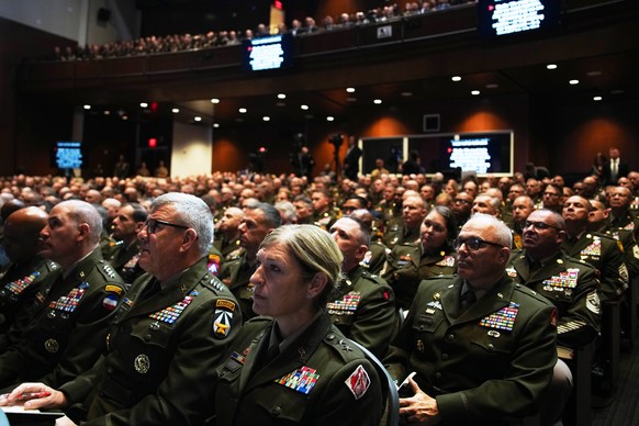 U.S. military senior leadership listen as President Donald Trump speaks at Marine Corps Base Quantico, Tuesday, Sept. 30, 2025 in Quantico, Va. (Andrew Harnik/Pool via AP)
APTOPIX Pentagon Commanders  ...