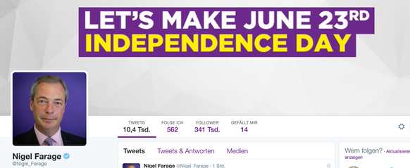 Nigel Farage hat sein Twitter-Titelbild geändert und fordert einen Independence Day für Grossbritannien.&nbsp;<br data-editable="remove">