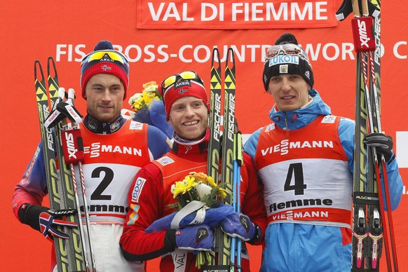 Das Podest mit Sieger Sundby (Mitte), Northug (l.) und Below (r.).