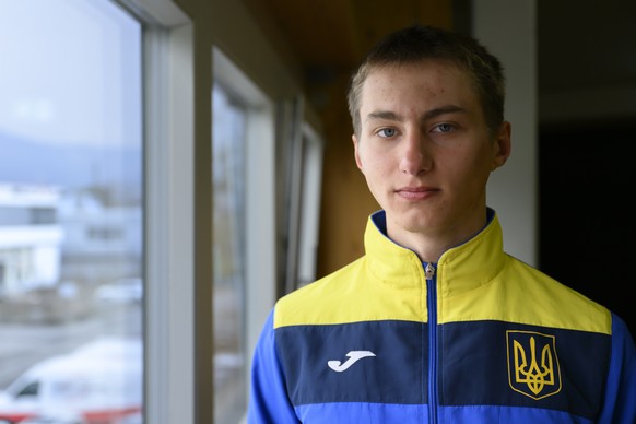 Ukrainian junior track cyclist Leonid Fomenko poses prior to a press conference at the Velodrome in Grenchen, Switzerland, Thursday, 15 March 2022. The Department of Defense, Civil Protection and Spor ...