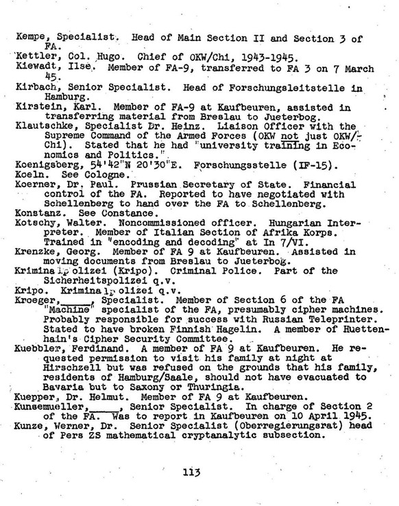Im TICOM-Report taucht der Name Kroeger auf. Er wird als Spezialist im Team von Chef-Kryptoanalyst Erich Hüttenhain bezeichnet. 
https://www.nsa.gov/news-features/declassified-documents/european-axis- ...