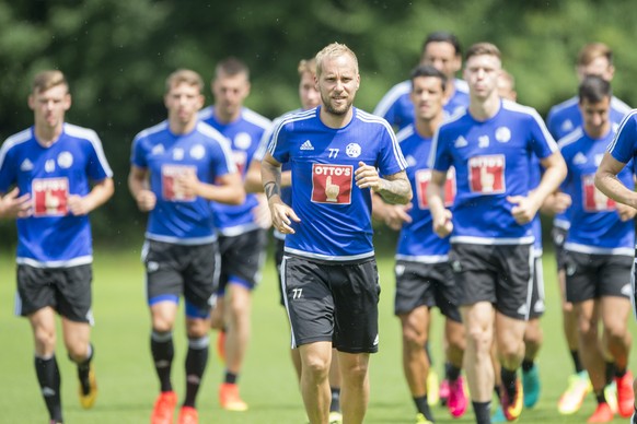 FC Luzern players during a training session in the swissporarena stadium in Lucerne, Switzerland, on Wednesday, July 27, 2016. Switzerland&#039;s FC Luzern is scheduled to play against Italy&#039;s US ...