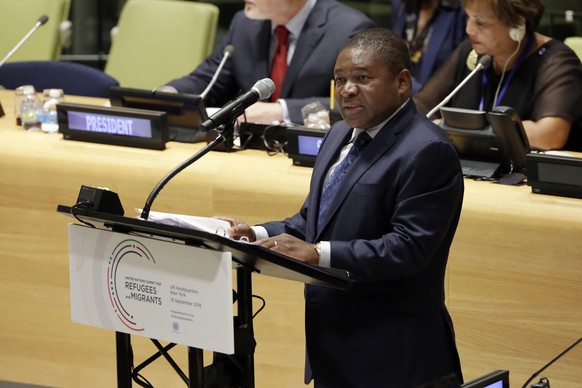 Mozambique President Filipe Nyusi addresses the United Nations Summit for Refugees and Migrants, in the Trusteeship Council Chamber of the United Nations, Monday, Sept. 19, 2016. (AP Photo/Richard Dre ...