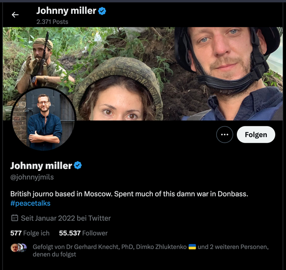 Under the profile name @johnnyjmils, an alleged British journalist spreads the worst Russian war propaganda.