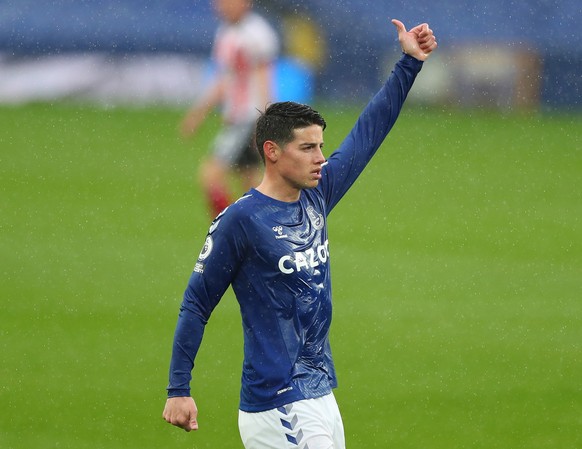 epa09205165 James Rodriguez of Everton reacts during the English Premier League soccer match between Everton FC and Sheffield United in Liverpool, Britain, 16 May 2021. EPA/Peter Byrne / POOL EDITORIA ...