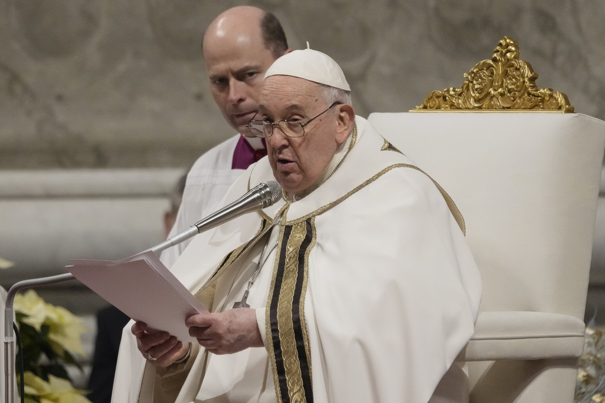 Pope Francis presides over Christmas eve Mass, at St. Peter's Basilica at the Vatican, Sunday Dec. 24, 2023. (AP Photo/Gregorio Borgia)