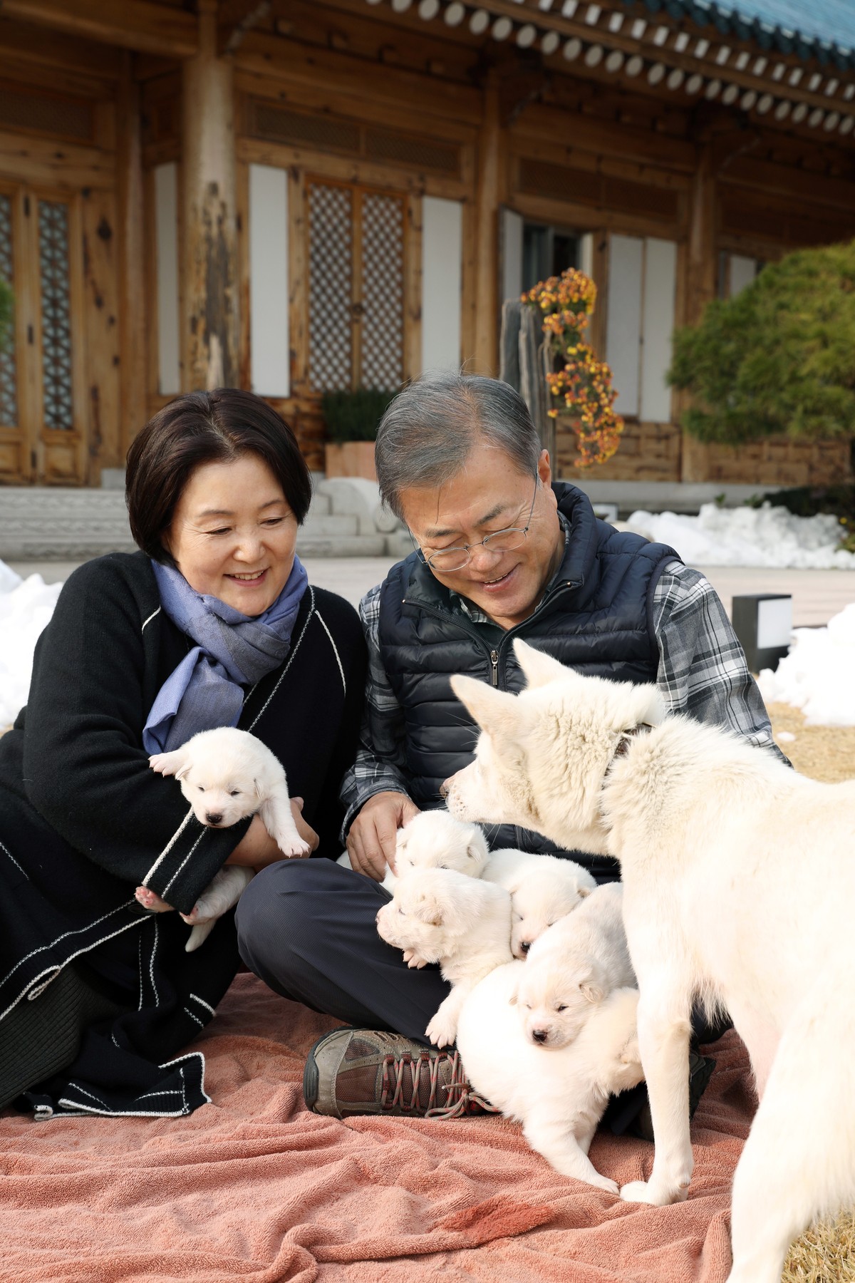 epa07190357 A handout photo made available by the South Korean President's press office (Cheong Wa Dae) shows President Moon Jae-in (R) and first lady Kim Jung-sook (L) cuddle puppies, born to a  ...