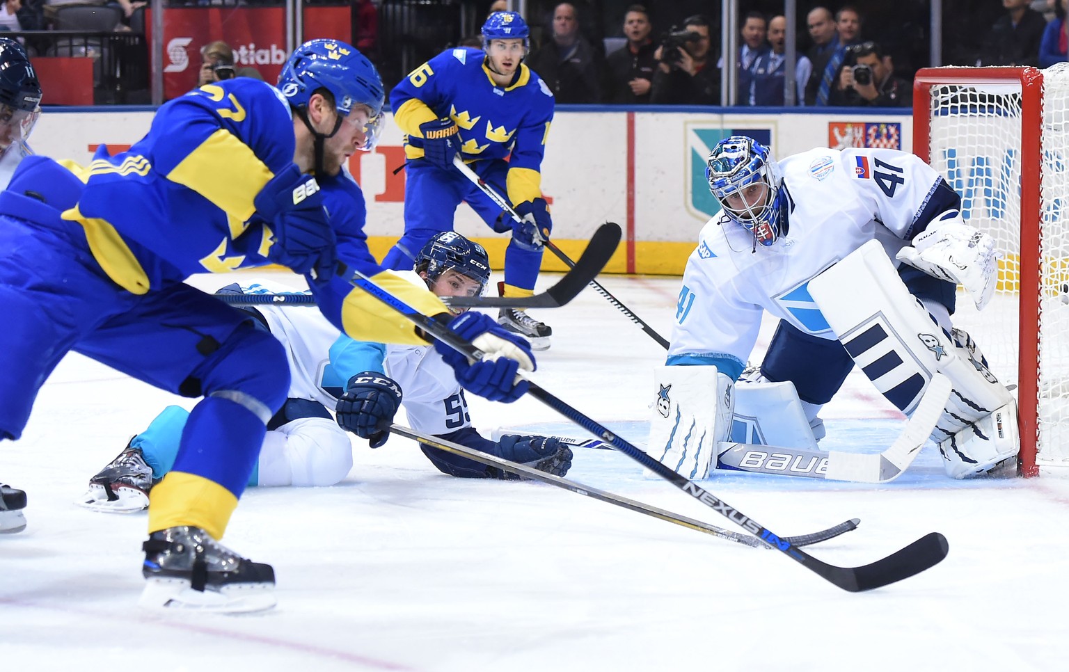 Sep 25, 2016; Toronto, Ontario, Canada; Team Europe goalie Jaroslav Halak (41) and defenceman Roman Josi (59) block a scoring attempt by Team Sweden defenceman Victor Hedman (77) and forward Marcus Kr ...