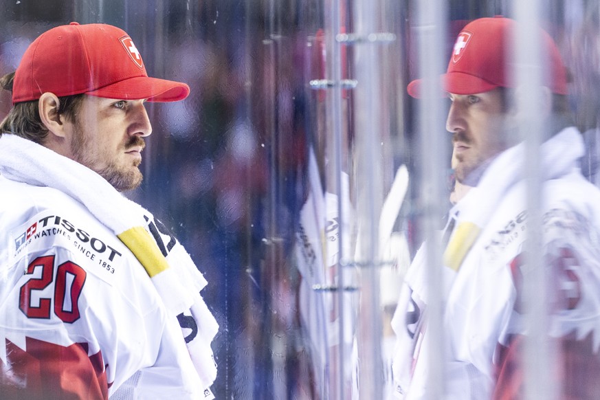 Switzerland&#039;s Reto Berra during the semi final game between Canada and Switzerland, at the IIHF 2019 World Ice Hockey Championships, at the Steel Arena in Kosice, Slovakia, on Thursday, May 23, 2 ...