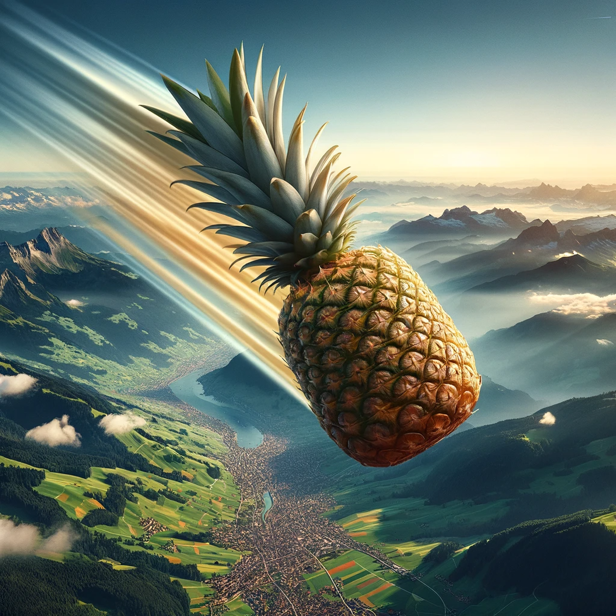 [KI-GENERIERT] Eine Ananas fliegt über die Schweiz.