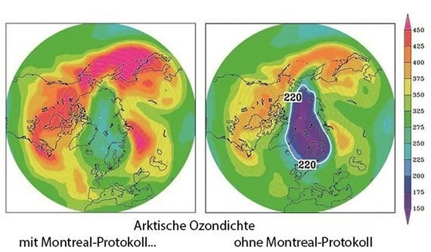 Arktische Ozondichte mit und ohne Montreal-Protokoll
