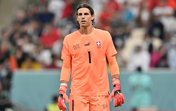 epa10352694 Goalkeeper Yann Sommer of Switzerland reacts during the FIFA World Cup 2022 round of 16 soccer match between Portugal and Switzerland at Lusail Stadium in Lusail, Qatar, 06 December 2022.  ...
