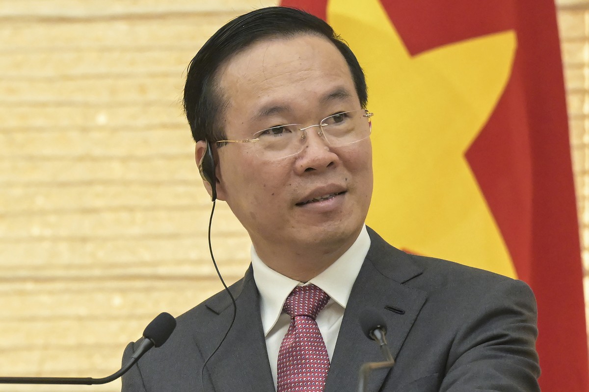 FILE - Vietnam's President Vo Van Thuong addresses the media during a joint press conference with Japan's Prime Minister Fumio Kishida after their meeting at the prime minister's offici ...
