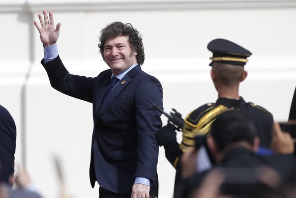 epa11383906 Argentina&#039;s President Javier Milei arrives to attend the inauguration ceremony of Salvadoran President Nayib Bukele at Gerardo Barrios Plaza in San Salvador, El Salvador, 01 June 2024 ...