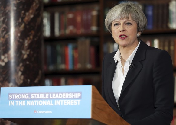 Britain&#039;s Prime Minister Theresa May makes a speech at the Royal United Services Institute for Defence and Security Studies in central London while on the General Election campaign trail. Monday  ...