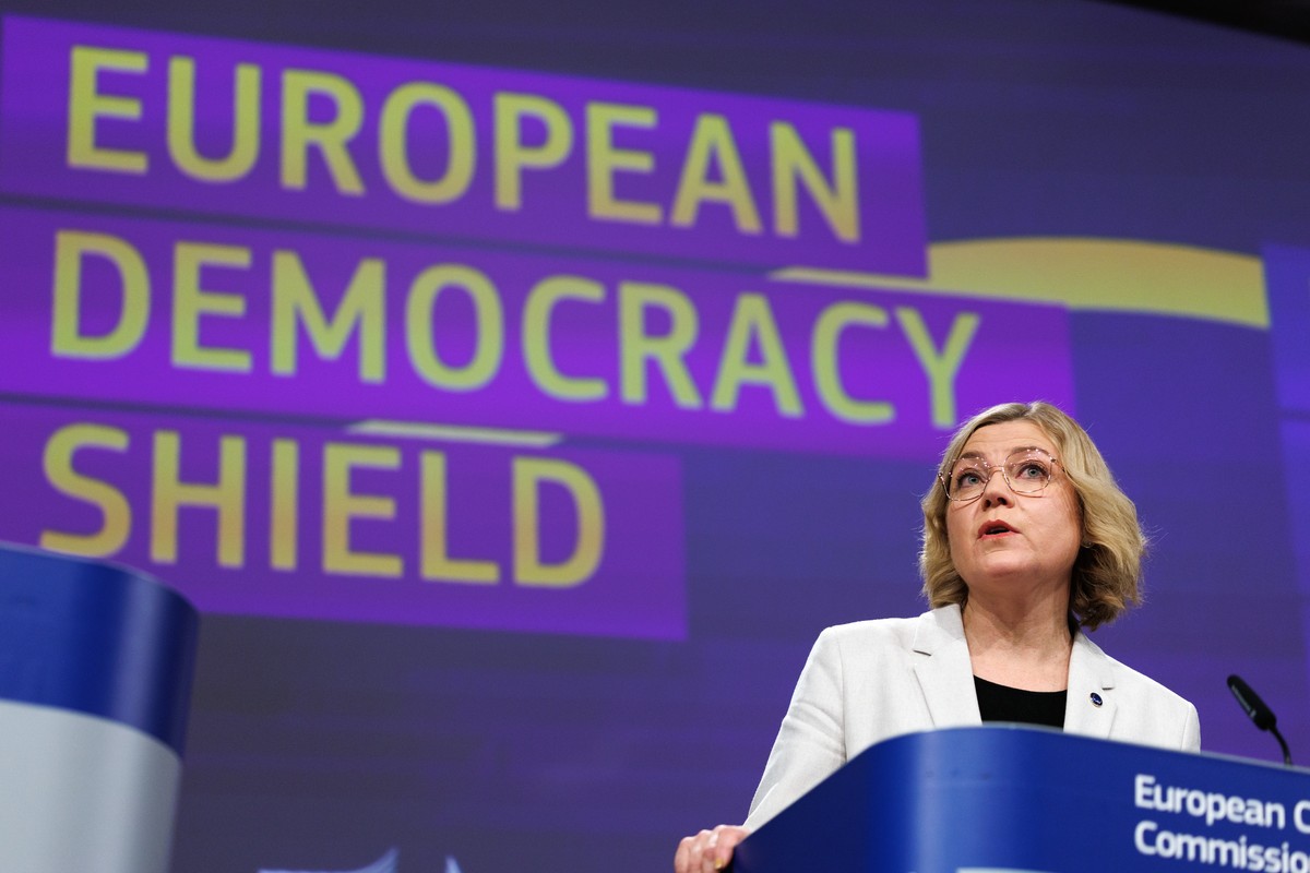 epa12520229 European Commission Executive Vice-President and Commissioner for Tech Sovereignty, Security and Democracy, Henna Virkkunen attends a press conference on the European Democracy Shield and  ...